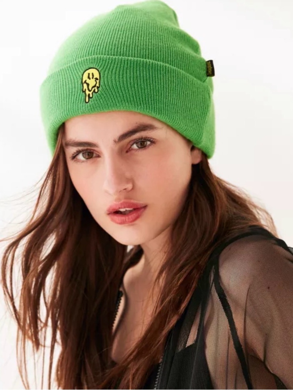Urban Outfitters Green Beanie with Yellow Drip Smiley Patch